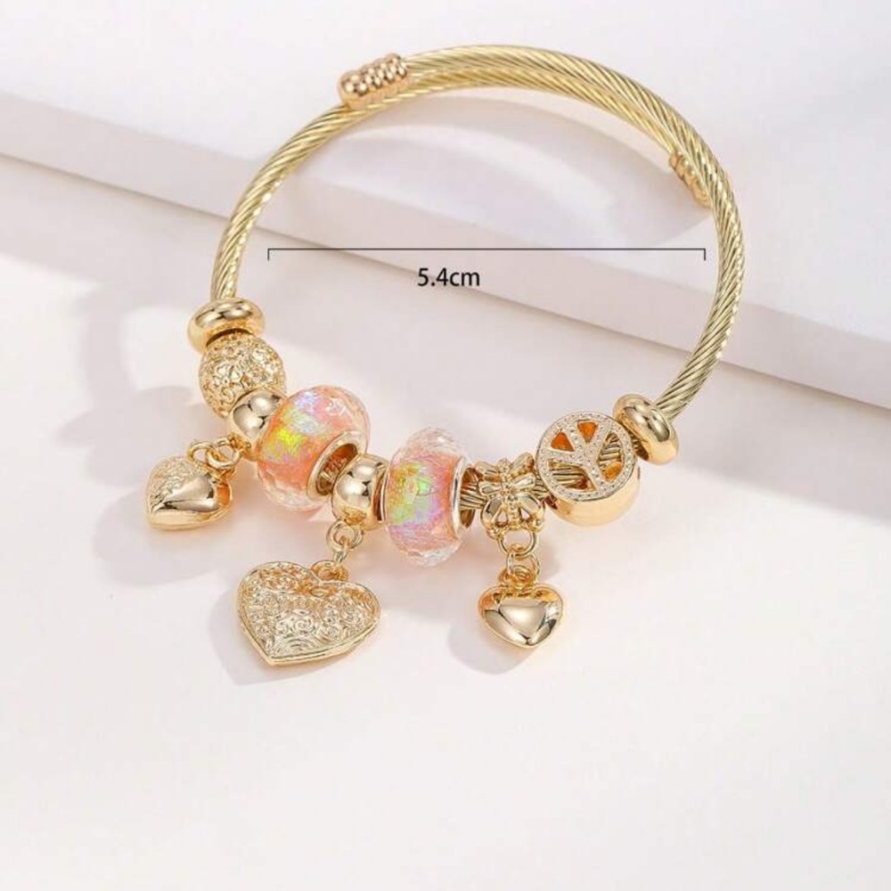 Gold-Tone Pink Iridescent Heart Charm Bracelet - Women's Fashion Bracelet